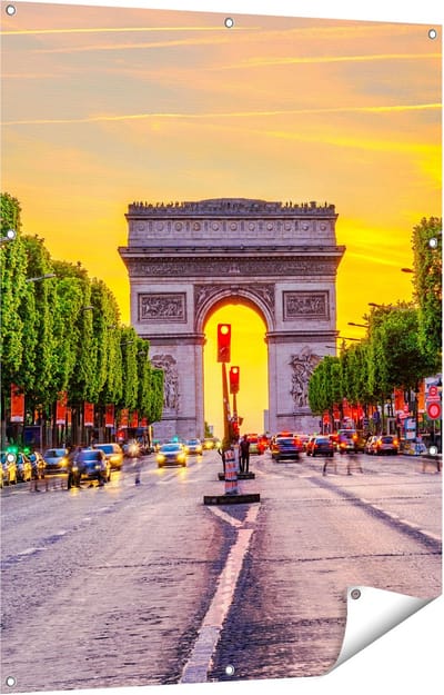 Gards Tuinposter Arc de Triomphe in Parijs vanaf de Straat - 90x120 cm - Tuindoek - Tuindecoratie - Wanddecoratie buiten - Tuinschilderij