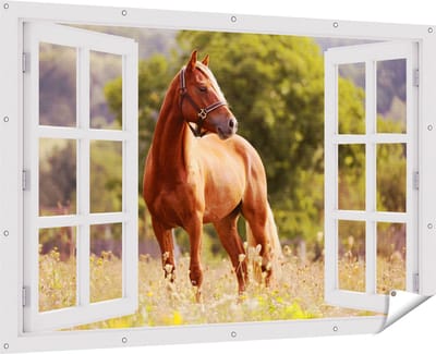 Gards Tuinposter Doorkijk Bruin Paard in de Wei - 180x120 cm - Tuindoek - Tuindecoratie - Wanddecoratie buiten - Tuinschilderij