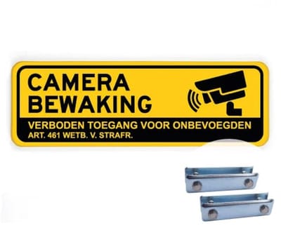 Bord Camerabewaking - Verboden toegang - geel - Weerbestendig Aluminium - 40x15 cm - Bevestiging: Met hekbeugels (voor spijlen- of gaashek)