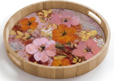 Dienblad rond 40x40 cm - Schootdienblad hout - Schilderij - Bloemen - Rustiek - Roze - Borrelplank rechthoek - Plateau houten dienbladen