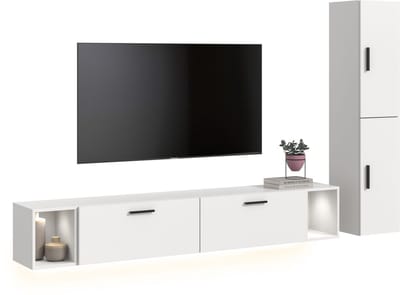Moderne woonwand met verlichting - Ruime opbergkast in tijdloos wit - 259 cm breed