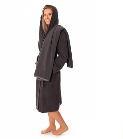 Lavea® Sauna Set Badjas Heren met Handdoek 80x200 cm – 100% Katoen, Zacht & Sterk Absorberend – Met Capuchon en Ceintuur – OEKO-TEX – Set Badjas L + Sauna Handdoek – Antraciet