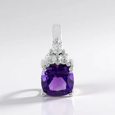 Cavill - Zilveren Hanger 925 Sterling - Zambia Amethist 1,144 ct - 3 Cambodjaanse Zirconiën - Platina Geplateerd - Elegant Antiek Kussen 15x7 mm
