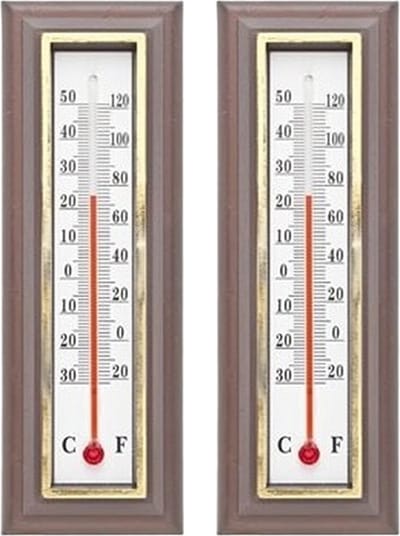 Buiten thermometer - 2x - donkerbruin - 5 x 16 cm - celcius en fahrenheit - tuin thermometers