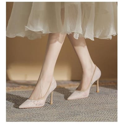 Nouveaux Escarpins pour Femmes Élégants à Bout Pointu en Dentelle Transparente Chaussures de Dame de Bureau Printemps Été Talons Hauts Chaussures de Mariée 40 beige