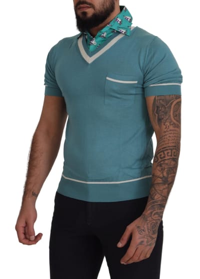 Dolce & Gabbana Blauwe Zijde Polo Top Heren V-hals Heren T-shirt