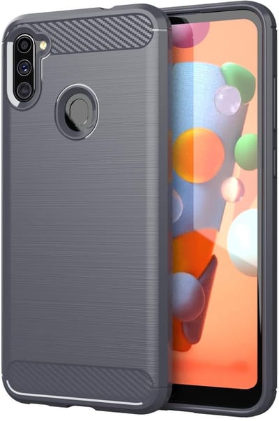 Cadorabo Hoesje geschikt voor Samsung Galaxy A11 / M11 in BRUSHED GRIJS - Beschermhoes van flexibel TPU siliconen in roestvrij staal-carbonvezel look Case Cover