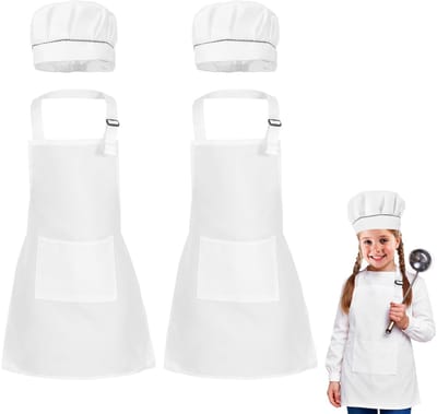 Dailygoods - Set van 2 schorten met kinderkookmuts, verstelbare schorten schilderschort kinderen, transparant schilderschort met kookmuts voor keuken, schilderen en kunstschilderactiviteiten