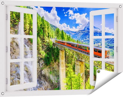 Gards Tuinposter Doorkijk Trein op een Brug bij een Waterval in Zwitserland - 90x60 cm - Tuindoek - Tuindecoratie - Wanddecoratie buiten - Tuinschilderij