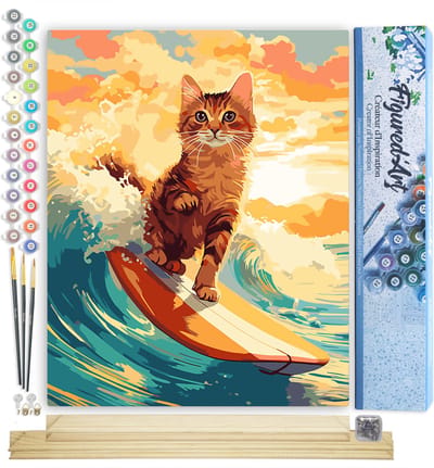 Figured'Art Schilderen op Nummer Volwassenen canvas Surfende kat- Handwerk acrylverf Kit DIY Compleet - 40x50cm met DIY houten lijst