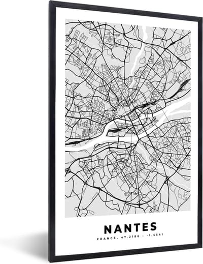 Fotolijst incl. Poster - Kaart - Stadskaart - Nantes - Plattegrond - Frankrijk - 40x60 cm - Posterlijst