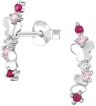 Joy|S - Zilveren vlinder oorbellen - 4 x 14 mm - 2 vlinders - roze en robijn roze zirkonia - licht gebogen - oorknoppen voor dames - sterling zilver 925