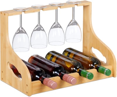 wijnrek met glazenhouder - 4 flessen - voor 4 glazen - 30x44,5x23,5 cm - bamboe