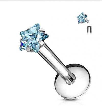 Aramat Jewels | Piercings | RVS Labret Piercing met Zirkonia Ster 8x1.2mm - Helix Tragus | Aqua Blauw / 3mm | |3mm | Staal | Volwassenen | Verkleurd niet