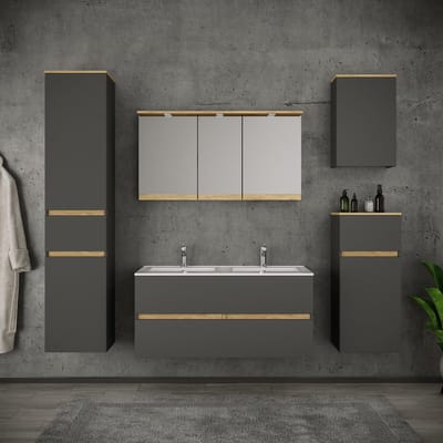 VCM 4-tlg. Waschtisch Set mit Keramikbecken, Badschrank mit 2 Softclose-Schubladen, Hochschrank, Spiegelschrank mit Beleuchtung und Steckdose, Maße Unterschrank H. 51 x B. 81 x T. 47 cm, Cosila-I