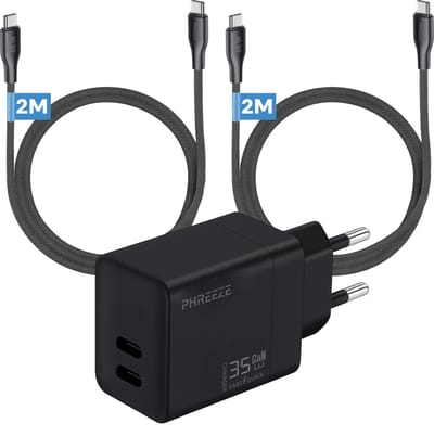 Phreeze usb C charger 35 W - Power Delivery GaN oplader met 2 usb C naar usb C kabels 2m - Dual port snellader voor telefoon en tablet