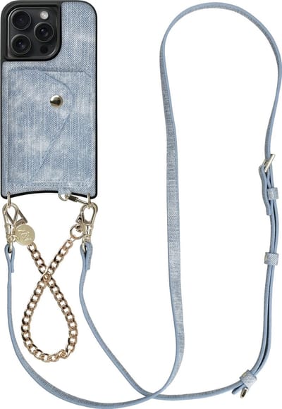 AVY Hoesje geschikt voor Apple iPhone 15 Pro Max | Met Koord en Kaarthouder | Compatibel met MagSafe | Kunstleren Case met Polsand & Crossbody Koord & Wallet | Gold Denim Set | Denim