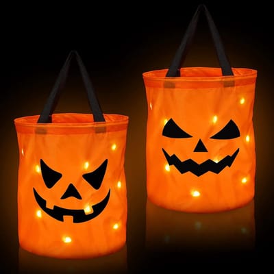 Halloween-emmer - 30×25 cm - Set van 2 - LED Halloween-snoepemmer - Grote pompoenzak - Opvouwbaar - Multifunctioneel spook - Herbruikbaar - Geschikt voor Halloween-manden, verjaardagsfeestgunsten - Oranje