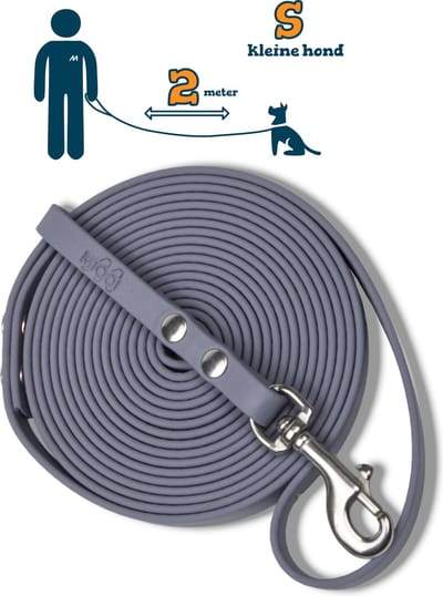 Miqdi hondenriem - BioThane – grijs – 2 meter lang – 9mm breed – XS/S – kleine hond