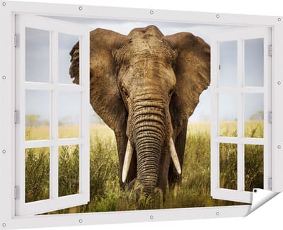 Gards Tuinposter Doorkijk Olifant in het Wild - Kleur - 180x120 cm - Tuindoek - Tuindecoratie - Wanddecoratie buiten - Tuinschilderij