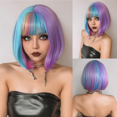 Blauw Paars Roze Regenboog Kort Steil Bob Synthetisch Pruik Pony Dames Harajuku Halloween Feest Cosplay Kostuum Haarstuk brown