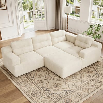 Moderne Hoekbank, L-Bank, U-Bank, 5-Zitsbank, Modulaire Combinatiebank, Flexibel Te Configureren Als L-Vorm Of U-Vorm, Frameloze Constructie Van Schuim, Geen Montage Nodig, Chenille Bekleding-Beige