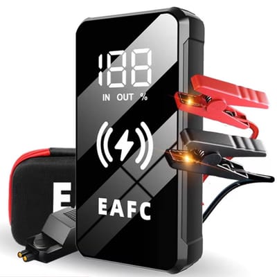 EAFC Jumpstarter 12V - 8-in-1 Starthulp - 20.000 mAh - 2000A - Acculader - Powerbank - SOS - LED Zaklamp - 6.0L Benzine - 4.0L Diesel - Incl. Schokbestendige Opberghoes - Zwart