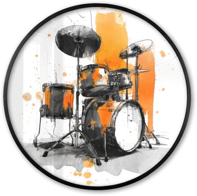Poster in lijst Rond - Fotolijst 60x60 cm - Posters - Drumstel - Oranje - Zwart - Aquarelverf - Ronde posterlijst zwart - Decoratie - Wanddecoratie woonkamer - Muurdecoratie slaapkamer