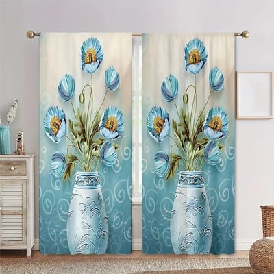 2 Stuks Zonnebloem Vaas Luxe Goud Bloem Westerse Klassieke Vaas Raamdecoratie Gordijnen Voor Woonkamer Slaapkamer Huisdecoratie W60H60(CM)x2pcs&Grommet Top gray