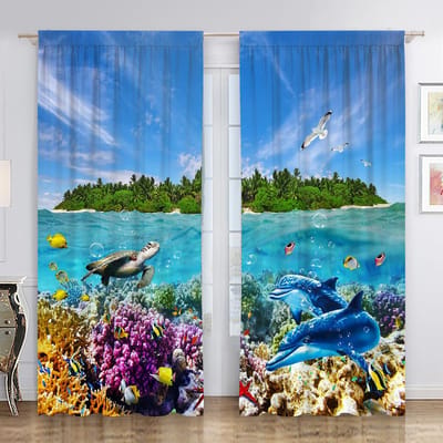 2 pièces Rideaux à motif dauphin Rideaux décoratifs pour fenêtre Traitements de fenêtre Pour chambre à coucher Salon Décoration de maison Décoration de pièce 100W130H(CM)40x51in&rod pocket