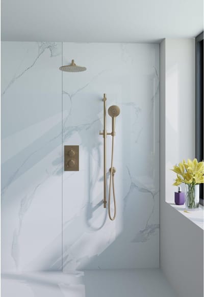 FugaFlow Eccelente Acces Inbouw Regendoucheset - thermostatisch - wandarm - glijstang - 25cm hoofddouche - ronde handdouche - metalen doucheslang - geborsteld Messing PVD (Goud)