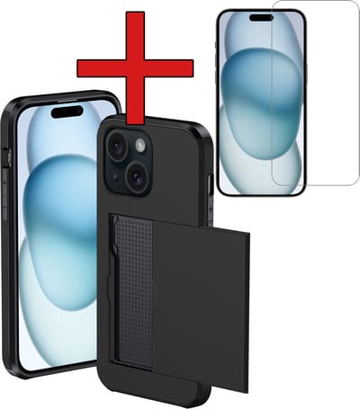 Hoesje Geschikt voor iPhone 15 Hoesje Met Pasjeshouder Hard Case Met Kaarthouder Met Screenprotector - Hoes Geschikt voor iPhone 15 Hoesje Pashouder Case - Zwart