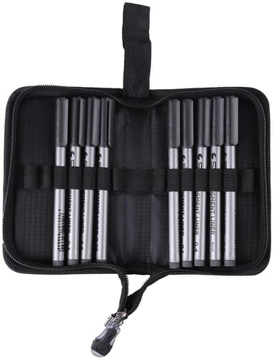 Dailygoods- Fineliner Set 9 Stuks - Waterdichte Tekening Pennen - Fijne Lijn Inkt - Penselenetui met 14 Gleuven - Zuurvrij en Niet-toxisch - Tekenpennen