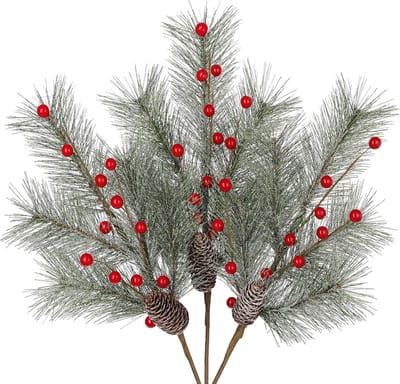 Set van 3 Kunstplanten met Bessen, Decoratieve Takken en Dennenappels voor Kerstboomdecoratie, Ideaal voor Feestelijke Versiering en Kerstdecoratie