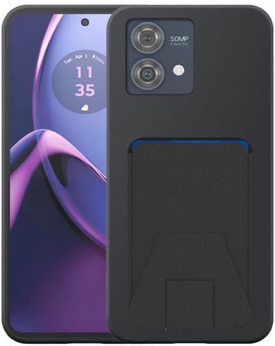 Geschikt voor Motorola Moto G84 Telefoonhoesje met Verstelbare Leren Pasjeshouder - Flexible Back Cover Case Siliconen TPU with Adjustable Leather Cardslot - Zwart - Smartphonica geschikt voor Motorola Moto G84