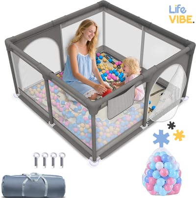 LifeVibe® Baby Grondbox Vierkant Grijs – Babybox – Speelbox – Kruipbox - Kinderbox - Babypark - Playpen Baby - 120x120x62 CM