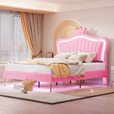 VVBV Gestoffeerd Kinderbed 140x200 cm met Lattenbodem, Kroonhoofdbord - Voor Hal/Entree - PU-leer Roze - Zonder Matras