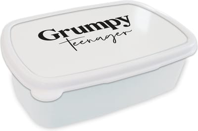 Broodtrommel Wit - Lunchbox - Brooddoos - Kinderen - Spreuken - Zwart - Wit - Quotes - Grumpy teenager - 18x12x6 cm - Volwassenen