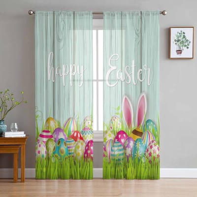 Pasen Lente Paaseieren Konijnenoren Tule Transparante Gordijnen Voor Woonkamer Slaapkamer Keuken Voor Ramen Voile Draperieën Huisdecoratie 135W x 114H(cm) white