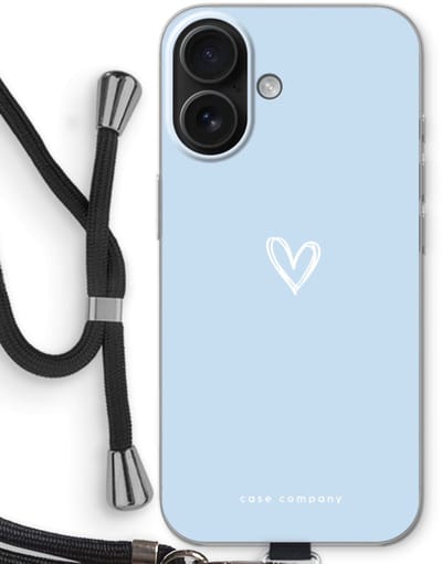Case Company® - Hoesje met koord geschikt voor iPhone 16 hoesje met Koord - Klein Hart Blauw - Telefoonhoesje met Zwart Koord - Bescherming aan alle Kanten en Over de Schermrand