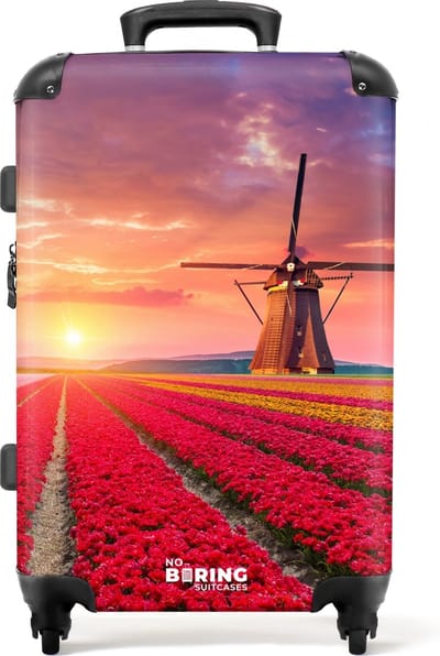 NoBoringSuitcases.com® - Koffer groot - Rolkoffer lichtgewicht - Bloemenveld met een molen - Reiskoffer met 4 wielen - Grote trolley XL - 20 kg bagage