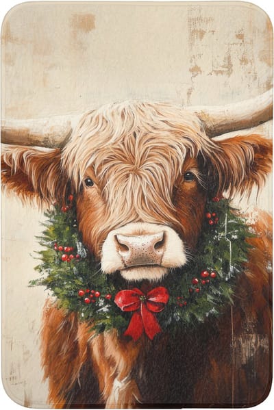 Badmat 60x90 cm - Antislip - Kerst - Schotse Hooglander - Bruin - Krans - Badmatten voor badkamer - Badkamermat - Douchemat - Badkamer mat