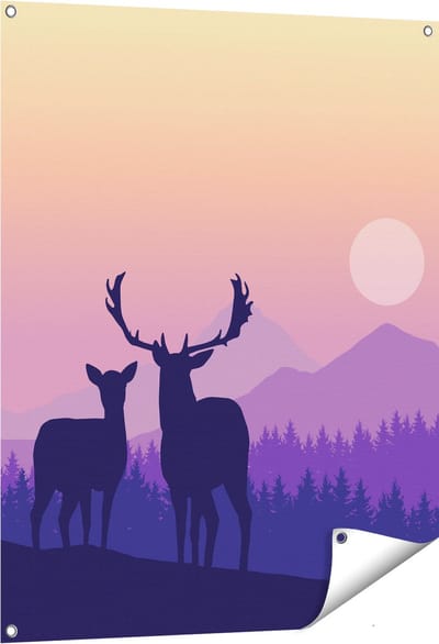 Gards Tuinposter Twee Herten - Zonsondergang - Silhouet - 80x100 cm - Tuindoek - Tuindecoratie - Wanddecoratie buiten - Tuinschilderij