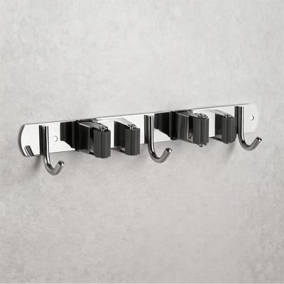 Dailygoods- Bezemhouder Roestvrij Staal - Zelfklevende Wandhouder - 2 Clips - 3 Haken - Geschikt voor Keuken/Badkamer - Corrosiebestendig - Opbergbeugel
