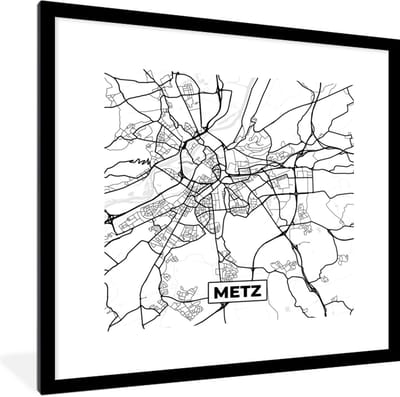 Fotolijst incl. Poster Zwart Wit- Frankrijk - Metz - Kaart - Plattegrond - Stadskaart - Zwart wit - 40x40 cm - Posterlijst