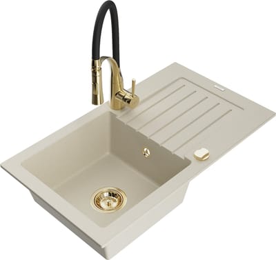 Mexen Pablo granieten gootsteen met 1 bak, afdruipvlak en keukenmengkraan Aster, beige - 6510-69-73450-57-G