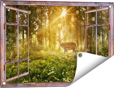 Gards Tuinposter Doorkijk Hert in Bos met Zon - 60x40 cm - Tuindoek - Tuindecoratie - Wanddecoratie buiten - Tuinschilderij