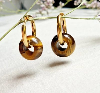 Oorringen met Donut hanger - Tijgeroog - bruin zwarte (half)edelsteen - Stainless Steel - goudkleurige oorbellen met hanger