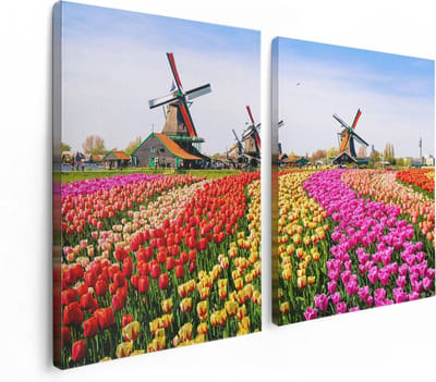 Artaza Canvas Schilderij Tweeluik Kleurrijke Tulpen Bloemenveld - Windmolen - 120x80 - Foto Op Canvas - Canvas Print