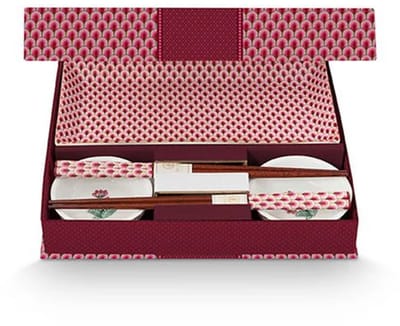 Pip Studio Sushi Giftset - Round Oriental Flower Festival - Dark Pink - Set of 6 in Gift Box